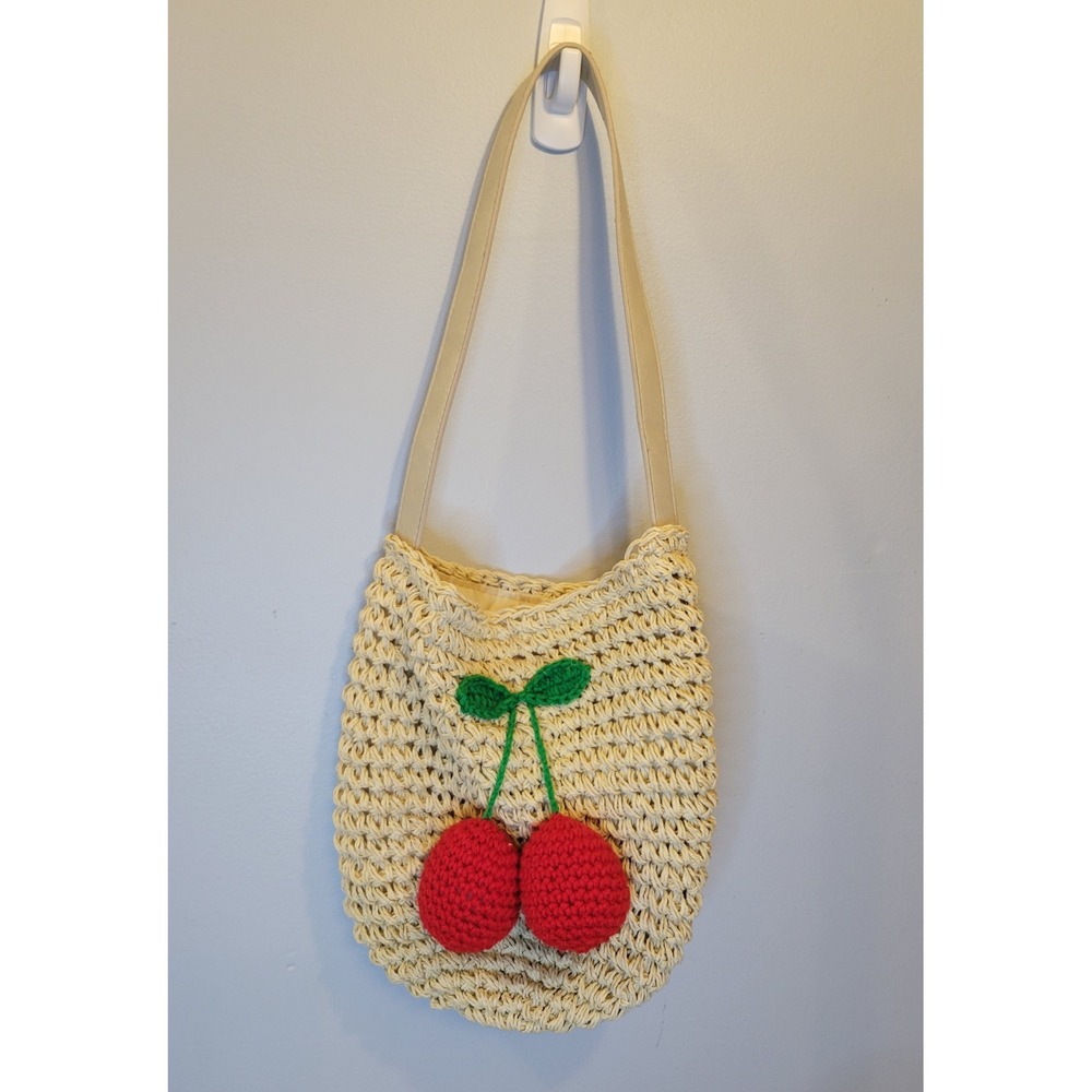 Woven Straw Cherry Shoulder Bag Boho Summer Slouchy Tote Purse Cream Red